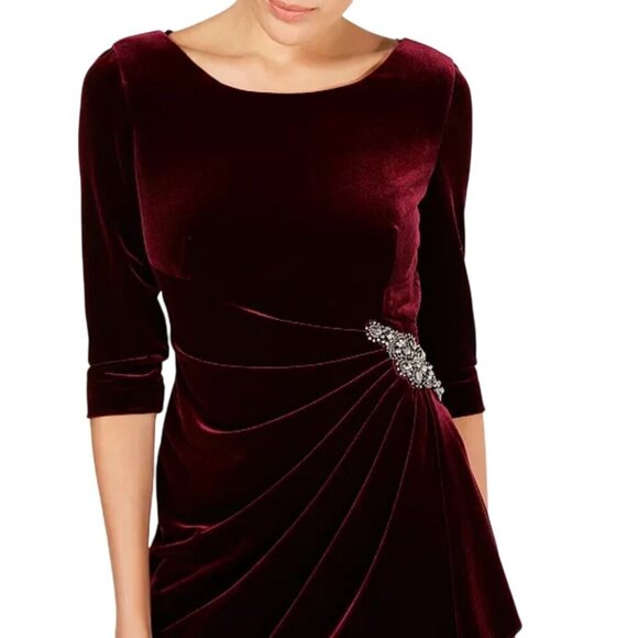 Alex Evenings NWT Wine Velvet Ruched Beaded 3/4 Sleeve Cocktail Dress Size 14 - Picture 5 of 10